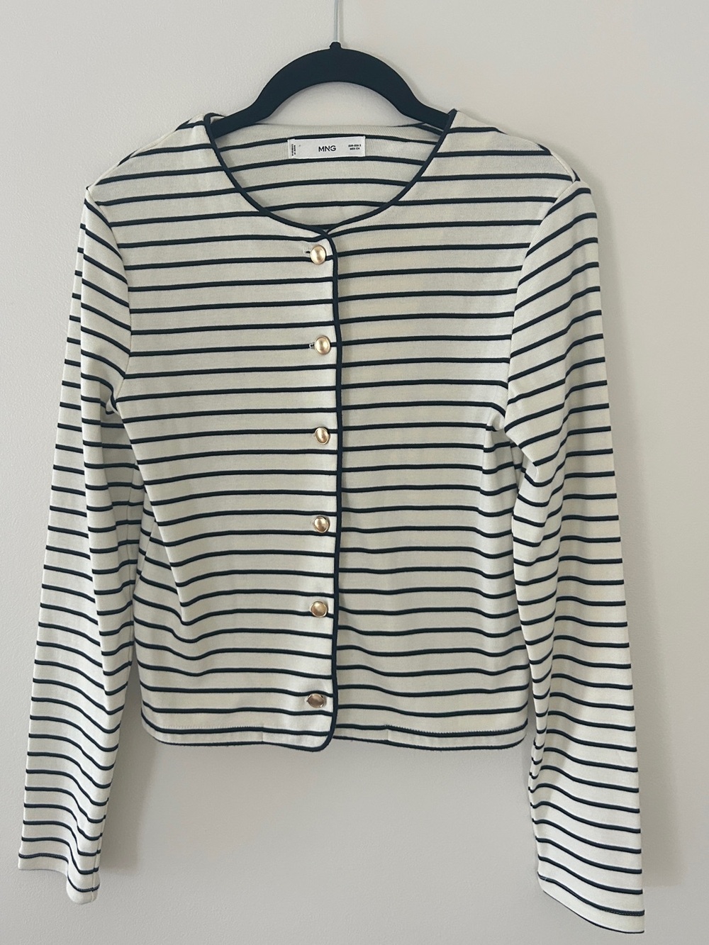 Mango Ecru and Black Striped Long-Sleeve Button Cardigan